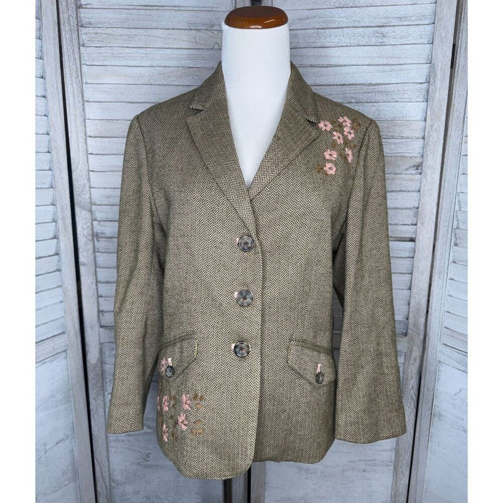American Eagle Outfitters Women's Olive Green Embroidered Herringbone Blazer L